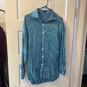 SHEIN Teal Shimmer Long-Sleeve Button-Up Shirt Jacket